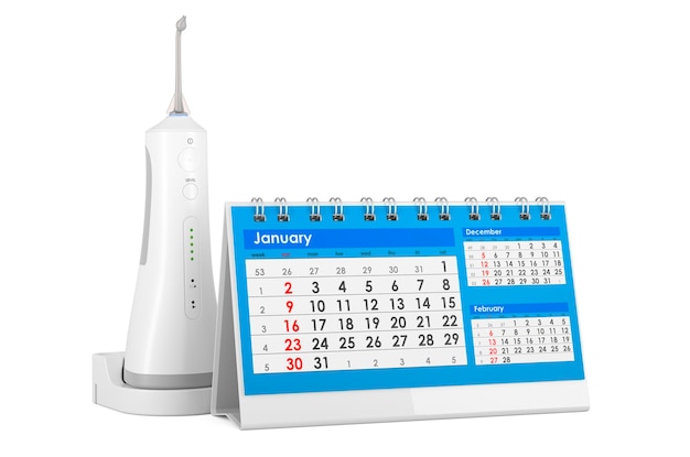 Fil d'eau portable avec calendrier de bureau rendu 3D isolé sur fond blanc