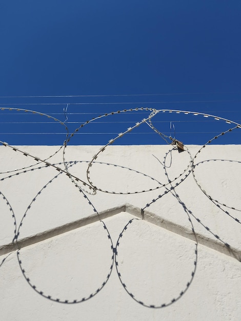 Fil de fer barbelé sur mur blanc et ciel bleu Photo abstraite avec symétrie et ombres