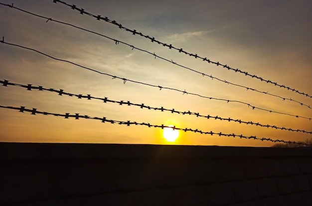 Le fil de fer barbelé sur le mur de briques. Notion de prison.