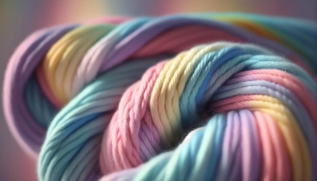 Un fil pastel coloré pour le tricot est montré dans un gros plan AI généré