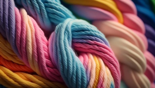 Un fil pastel coloré pour le tricot est montré dans un gros plan AI généré