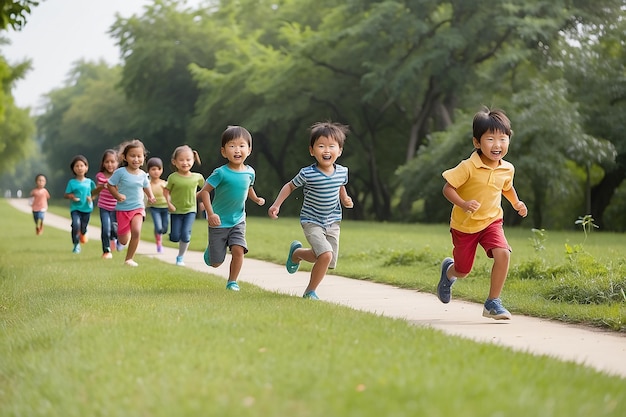 Une file d'enfants qui courent et jouent.