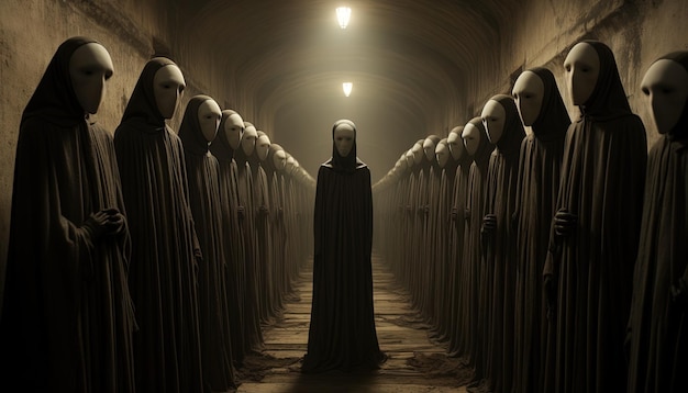 Photo une file d'hommes effrayants dans un tunnel sombre avec les mots 