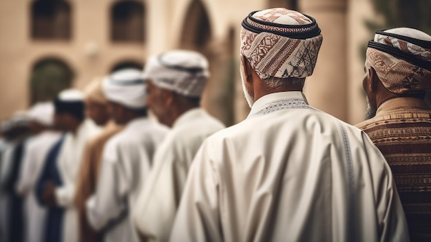 Une file d'hommes portant des chapeaux fait la queue dans une mosquée