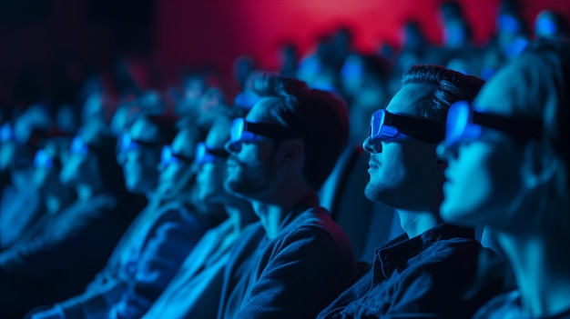 Photo une file de personnes portant des lunettes 3d sont absorbées par un film dans un cinéma