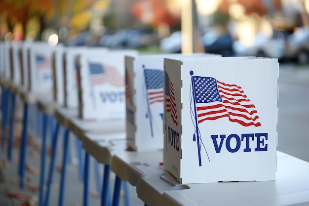 Photo une file d'urnes ornées de drapeaux américains prêtes pour les citoyens à voter lors des prochaines élections américaines.