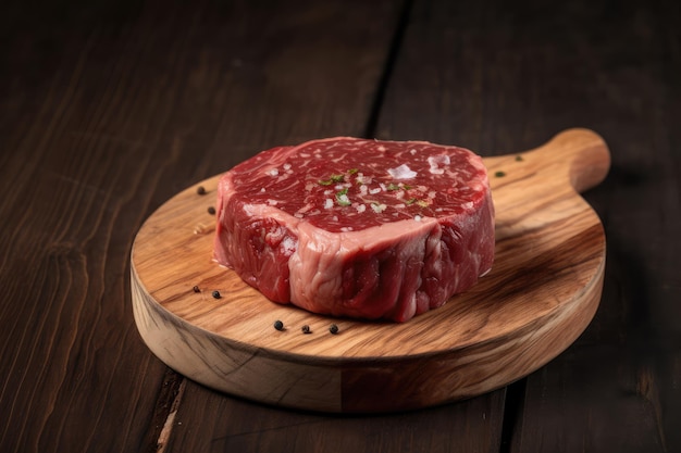Filet de bœuf cru Mignon steak sur un plateau en bois avec du poivre et du sel illustration générée par l'IA