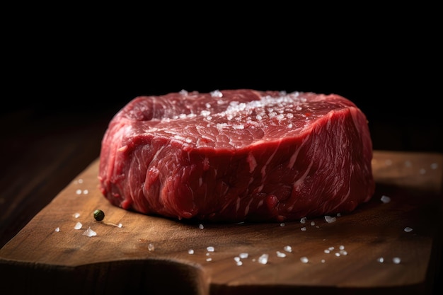 Filet de bœuf cru Mignon steak sur un plateau en bois avec du poivre et du sel Image générée par l'IA