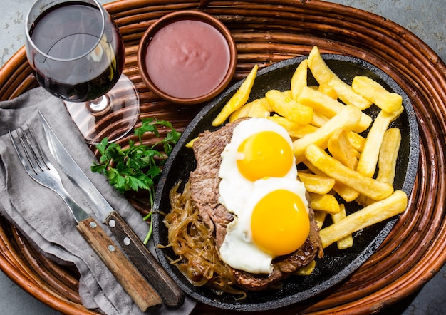 Filet de boeuf avec frites et oeufs