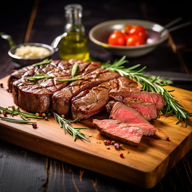 Filet de boeuf haché au romarin sur planche de bois sur table