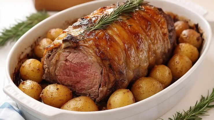 Photo filet de bœuf rôti avec romarin et pommes de terre