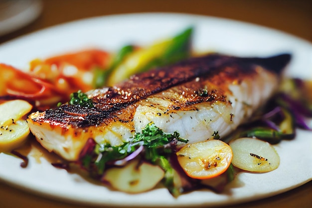 Filet de flétan frit aux légumes cuits à la vapeur