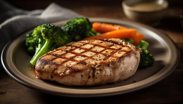 Filet grillé et légumes sur plaque de bois rustique générée par l'IA