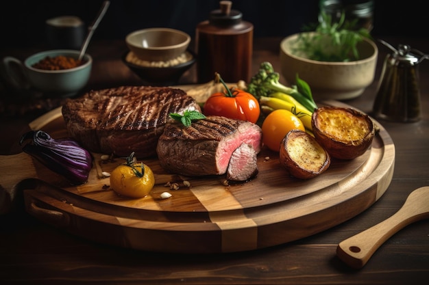 Filet mignon grillé juteux au beurre sur une table en bois rustique avec des légumes Ai générative