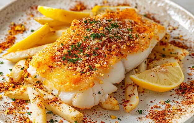 Filet de morue à la croûte orange avec citron et frites Délicieux plat de fruits de mer