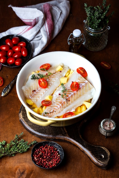 Photo filet de morue crue avec pommes de terre et tomates dans un plat de cuisson en céramique