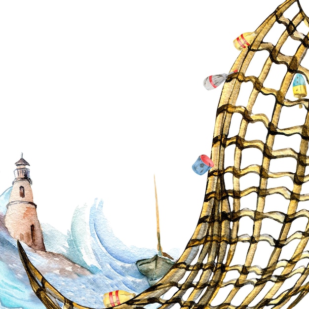 Photo filet de pêche et paysage marin de bouée avec illustration aquarelle de voilier isolé sur fond blanc