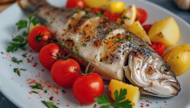 Photo filet de poisson grillé sur une assiette avec une variété de légumes poisson doré avec des tomates cerises brillantes