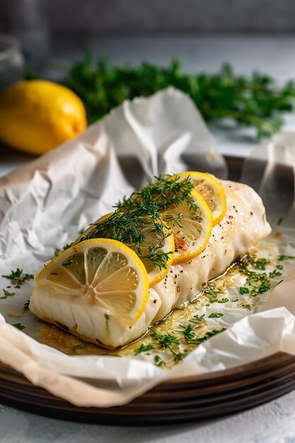 Photo un filet de poisson avec des tranches de citron dessus.