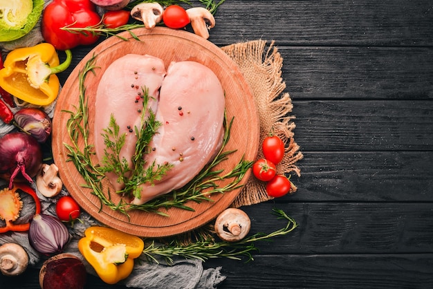 Filet de poitrine de poulet cru avec des légumes frais et du romarin et des épices sur un fond en bois noir Vue de dessus Espace libre pour le texte