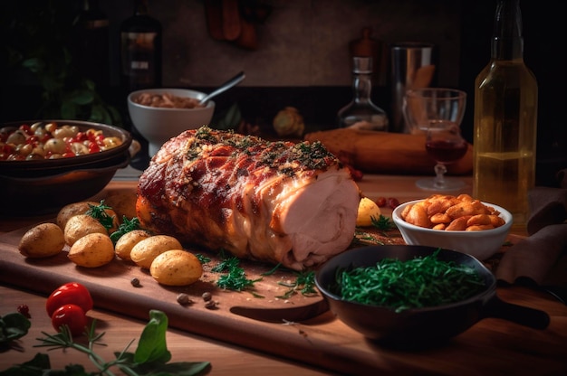 Filet de porc rôti fait maison avec pommes de terre rôties fines herbes et amandes sur une planche à découper générée par l'IA