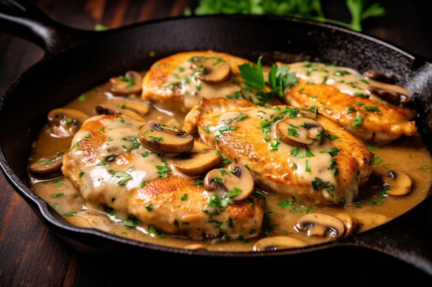 Filet de poulet aux champignons en sauce crémeuse sur fond noir