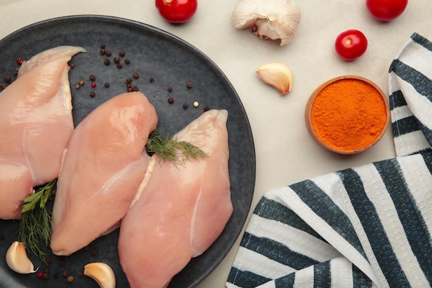 Filet de poulet cru sur assiette avec des épices de tomates et de l'aneth sur un fond clair Vue supérieure