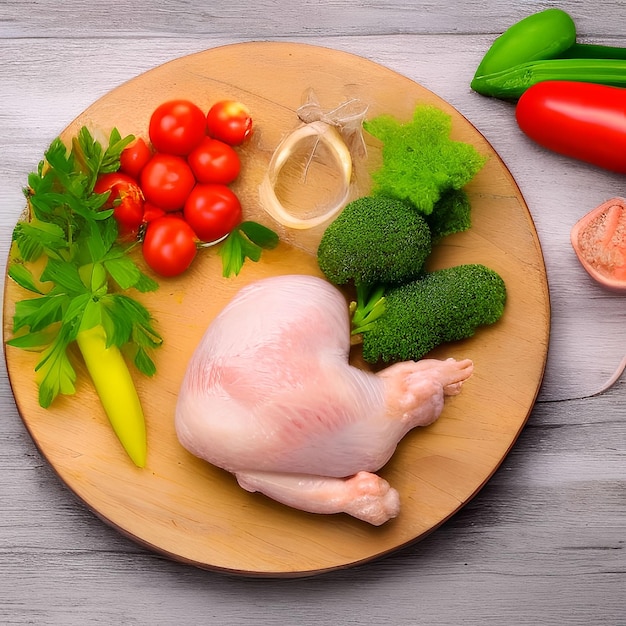 Filet de poulet cru sur assiette avec des légumes frais.