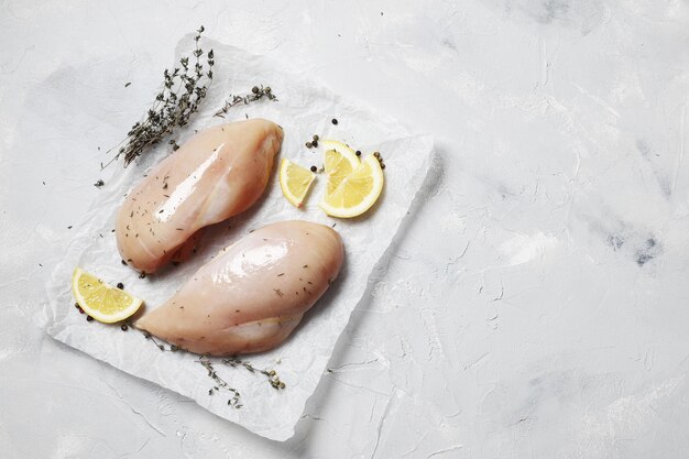 filet de poulet cru au citron et aux épices sur fond de marbre clair