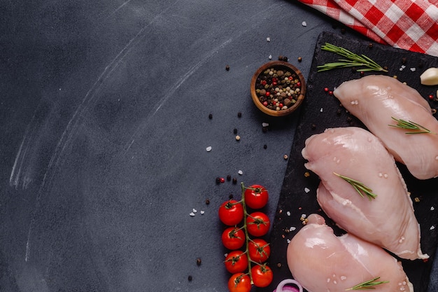 Filet de poulet cru aux épices et herbes, vue de dessus.