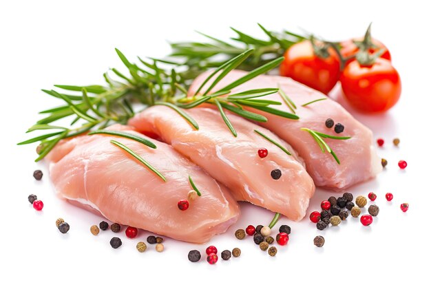 Filet de poulet cru avec des épices et du romarin isolé sur un fond blanc
