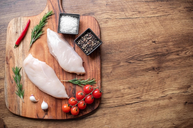 Filet de poulet cru sur fond de bois