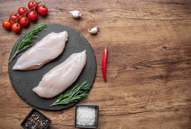 Filet de poulet cru sur fond de bois