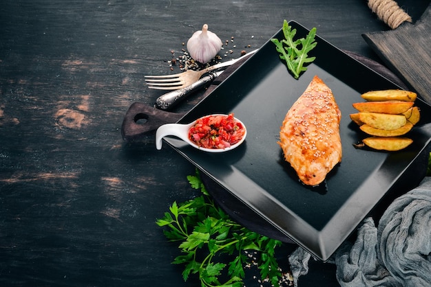 Filet de poulet cuit au four avec pommes de terre aux graines de sésame et sauce Sur un fond en bois Vue de dessus Espace de copie