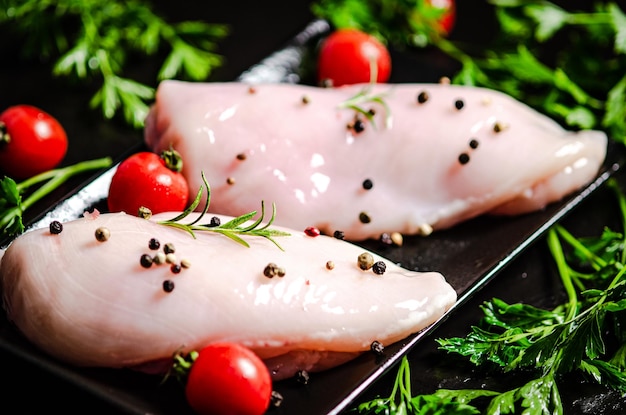 Photo un filet de poulet frais avec des épices sur une table noire