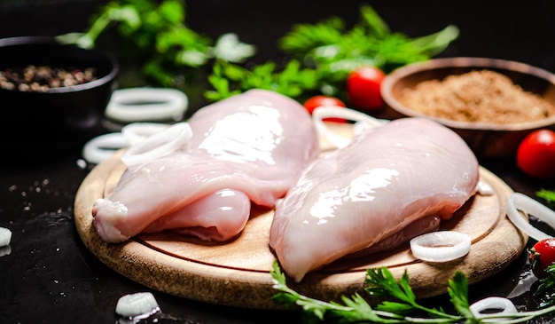 Un filet de poulet frais avec des épices sur une table noire