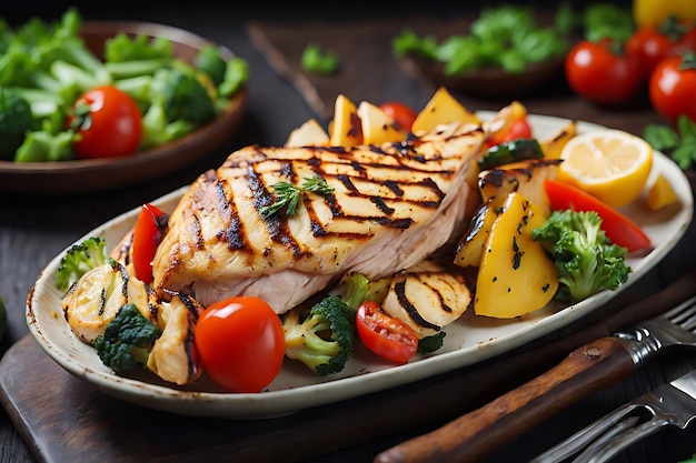 Filet de poulet grillé et légumes