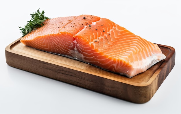 Un filet de saumon cru en gros plan sur un fond blanc de fruits de mer japonais ai généré