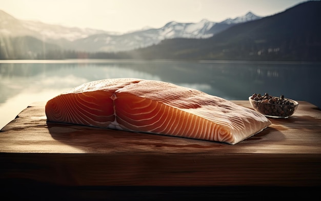 Un filet de saumon cru en gros plan sur un fond de port Aliments de fruits de mer japonais générés par ai