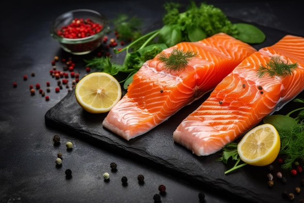 Filet de saumon avec du poivre et du citron sur une table en bois sombre Filet de poisson de saumons frais