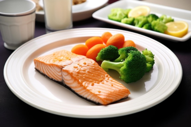 Filet de saumon fraîchement cuit accompagné de légumes vapeur