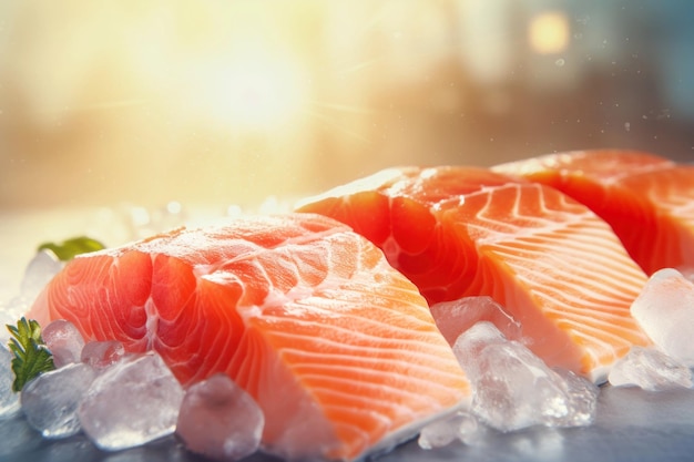 Filet de saumon frais ou de truite sur glace prêt à la cuisson Stockage de poisson frais réfrigéré Closeup