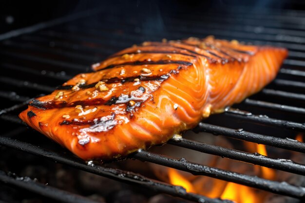 Photo filet de saumon de près avec glaçage au cidre de pomme grésillant sur un barbecue