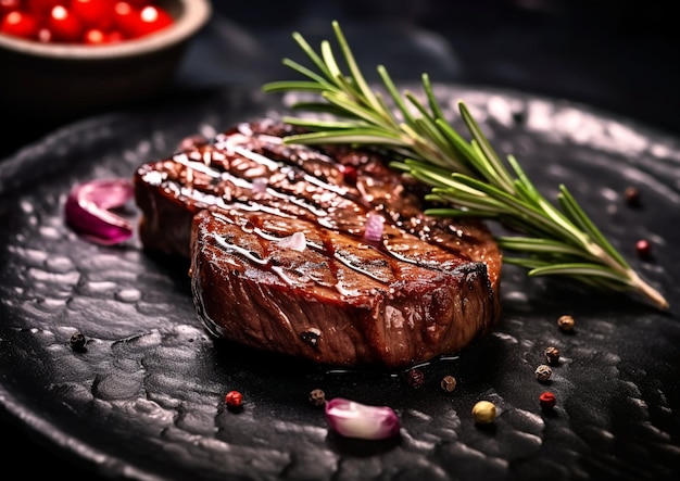 Filet de steak de bœuf sur assiette noire avec romarin et poivreAI Génératif