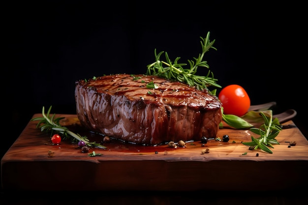 Filet de steak de bœuf rôti avec des herbes et des épices servi avec des légumes sur une planche en bois