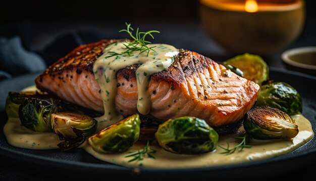 Filet de steak gastronomique grillé sur une assiette fraîche générée par l'IA