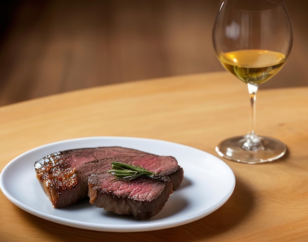 Filet de viande de boeuf grillé gastronomique ou steak sur assiette blanche et verre de vin blanc