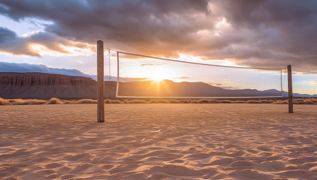 Filet de volleyball dans le désert au coucher du soleil avec génération d'IA