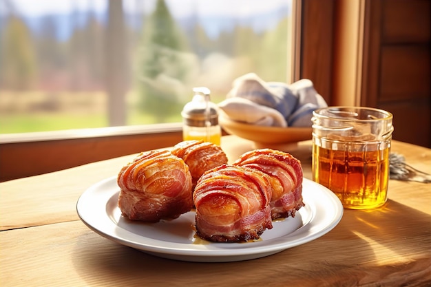 Filets enveloppés de bacon avec boisson pour le déjeuner sur la table en bois dans la salle à manger confortable