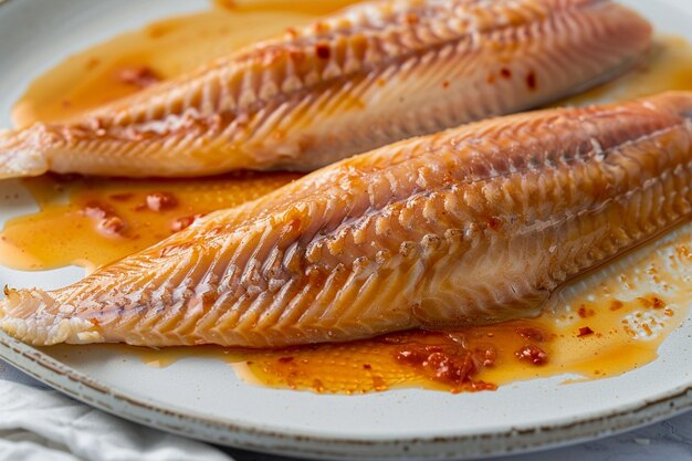 Des filets de poisson crus marinés dans une sauce au piment épicée